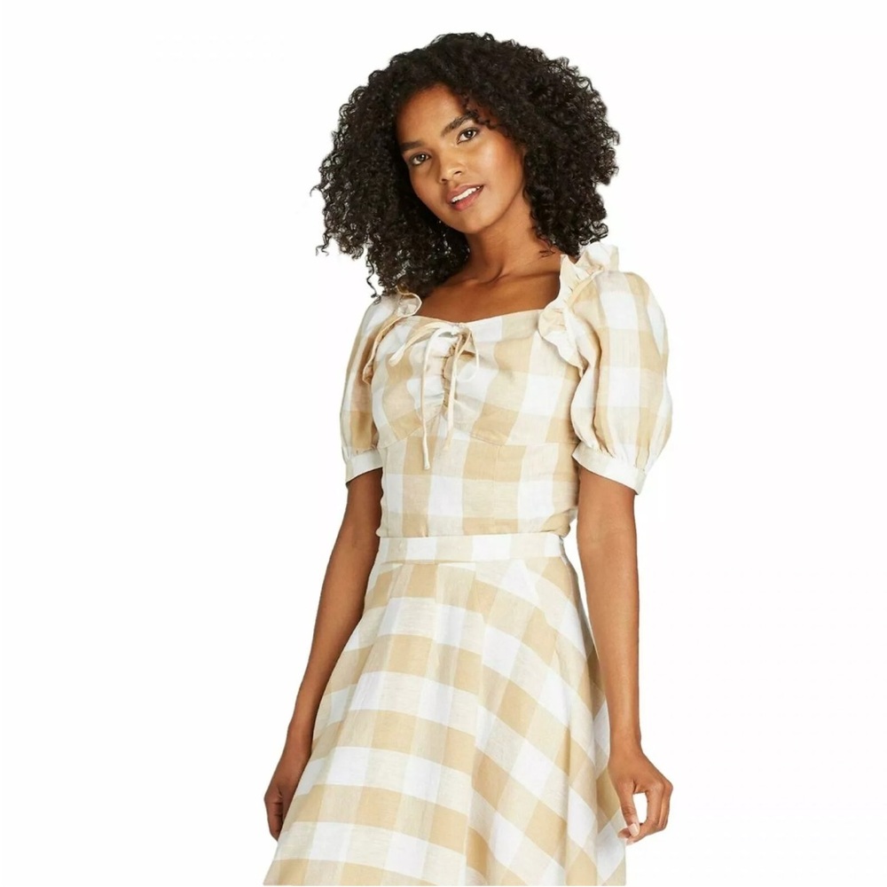 Who What Wear Gingham Linen Blend Blouse